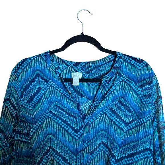 CHICOS Top Womens 1 Medium Blue Multicolor Chevron Metallic Art To Wear Blouse - Picture 2 of 9